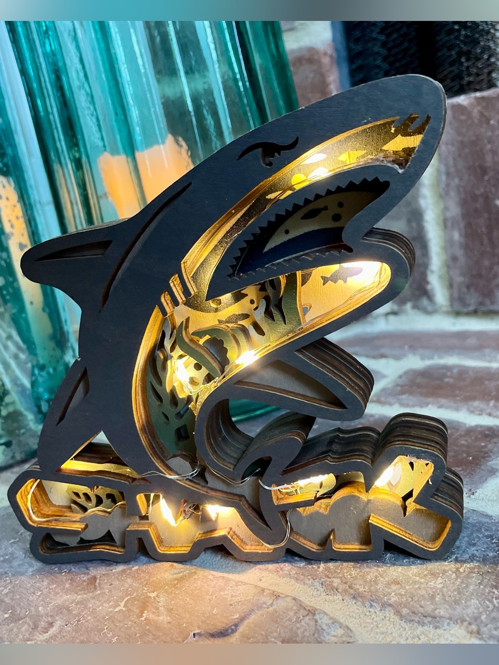 Custom 3D Layered Wooden Shark LED Light – Ocean-Themed Decor | Battery Operated